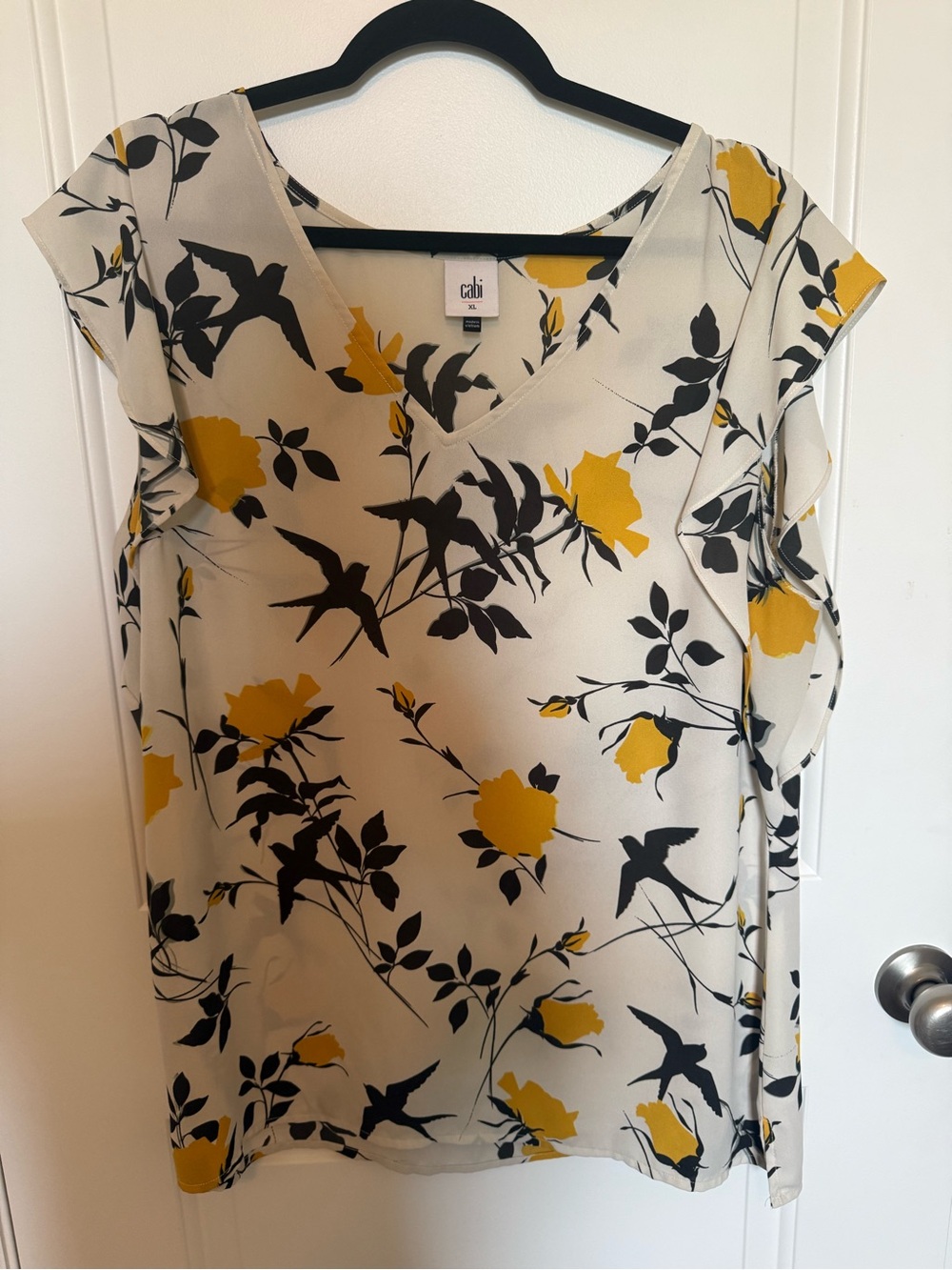 CAbi Cream Floral Print V-Neck Cap Sleeve Blouse with Mustard and Black